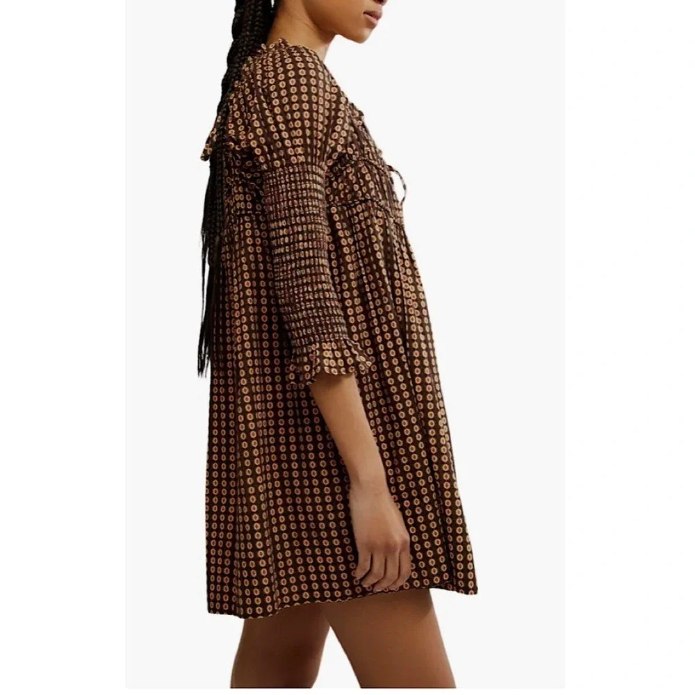 Free People Brown Geometric Print Smocked Sleeve Mini Dress Square‎ Neck SMALL